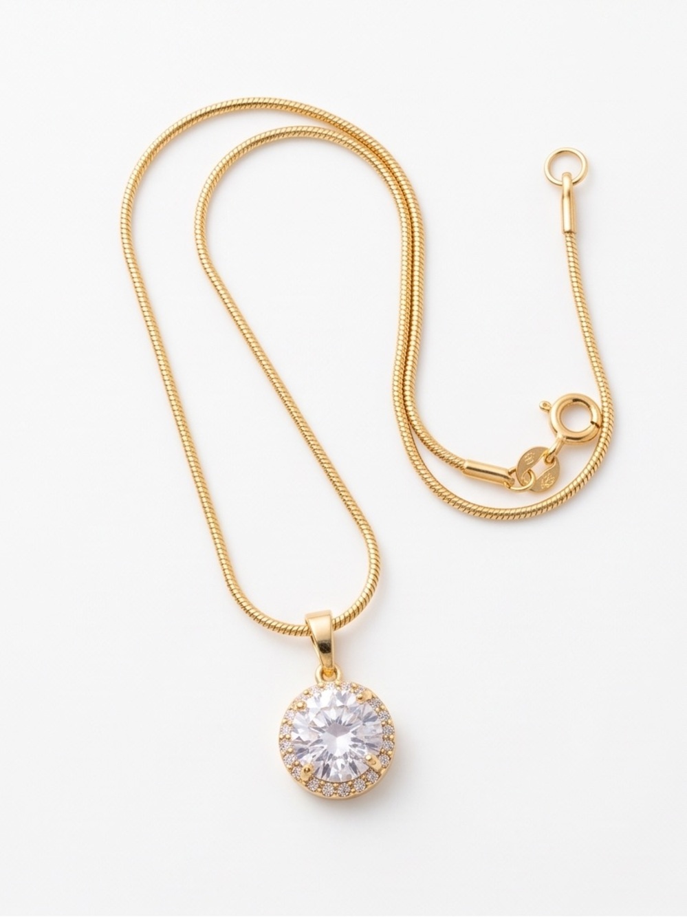 Elegant Gold Pendant Necklace with Clear Crystal Halo 20 inch